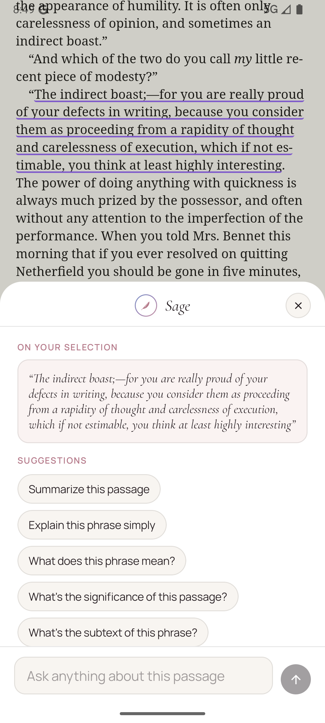 Sage answering a question about a passage on Android
